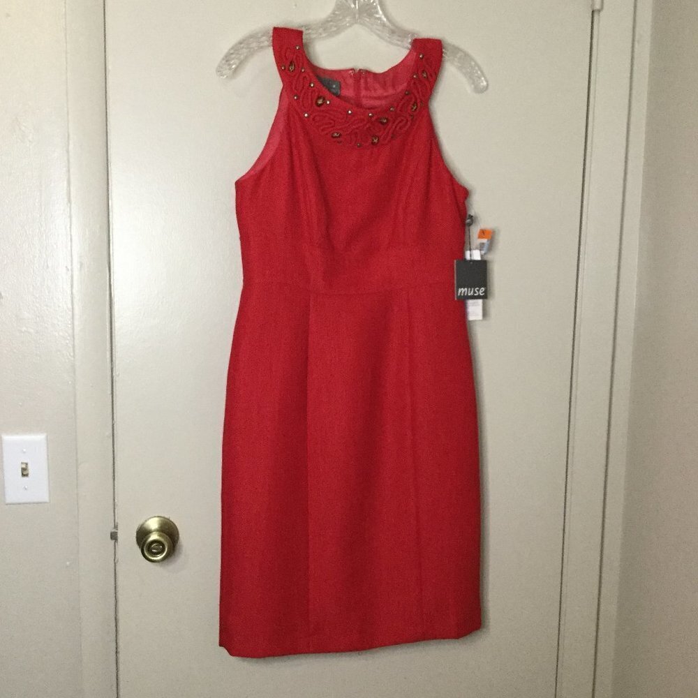 Muse Red Embellished Collar Sleeveless Dress